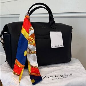 Mina Baie Black Leather Baby Bag with Silk Scarf Accent